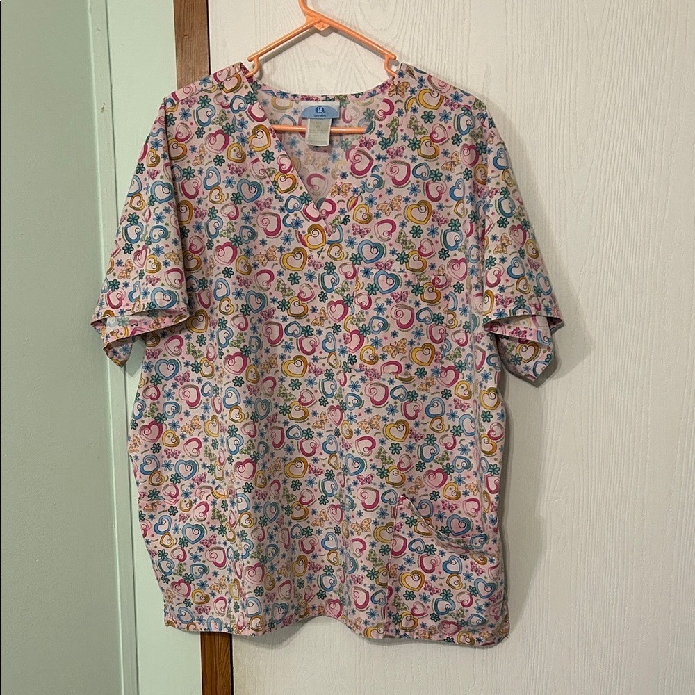 SB Scrubs Pink Scrub Top With Pastel Hearts & Butterflies Size 2X